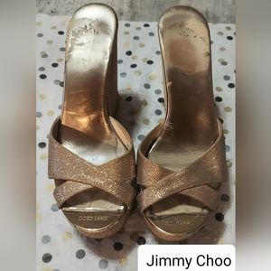 Gold Glitter Metallic Cork Wedge Jimmy Choo Sandals Size 36 1/2 or US 5.5